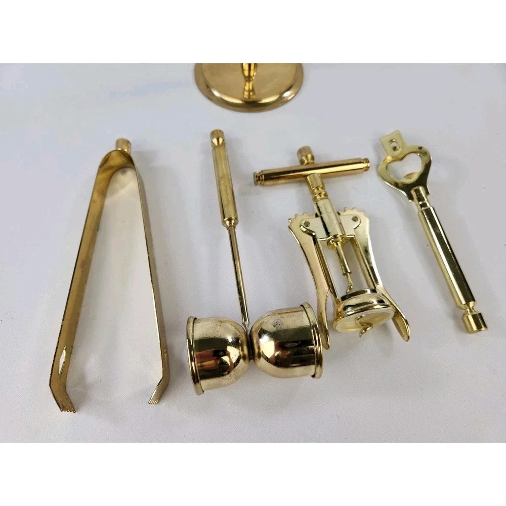 Vintage 5pc Brass Plated Bar Tool Set Stand Wine Opener Key Jigger Corkscrew MCM